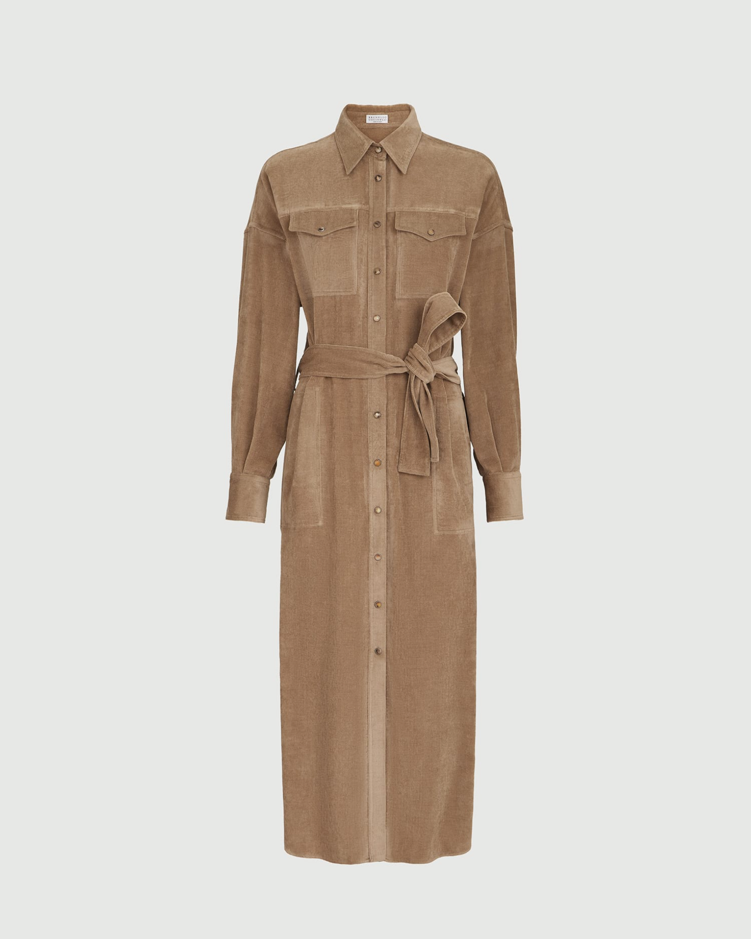 Brunello Cucinelli cappuccino corduroy maxi shirt dress with belt and snap buttons