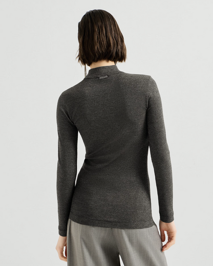 Dark charcoal long-sleeve mockneck top with subtle shimmer, fitted silhouette, back view