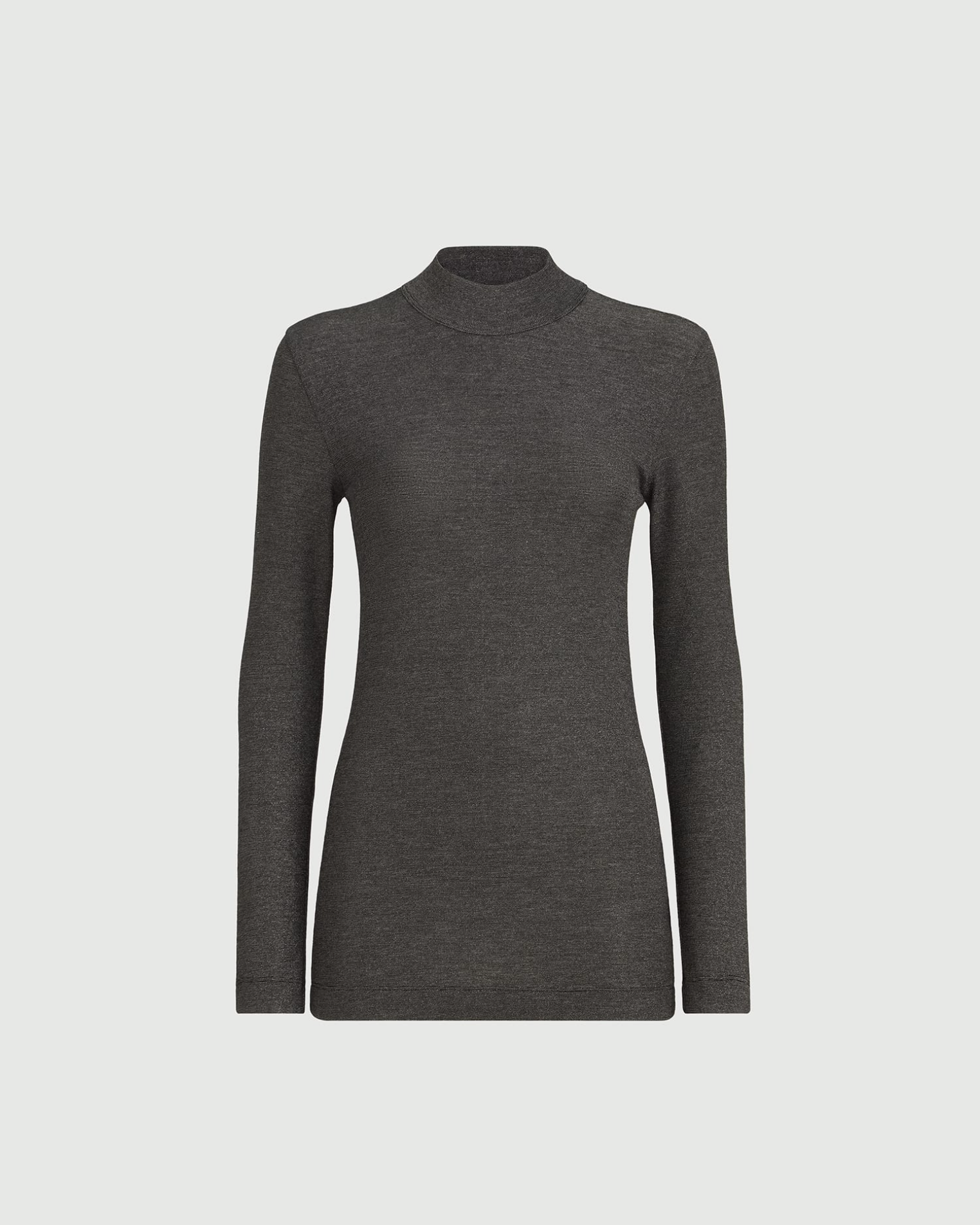 Slim-fit dark grey mock neck long sleeve top with subtle shimmer