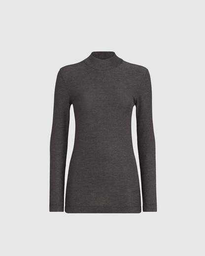 Slim-fit dark grey mock neck long sleeve top with subtle shimmer