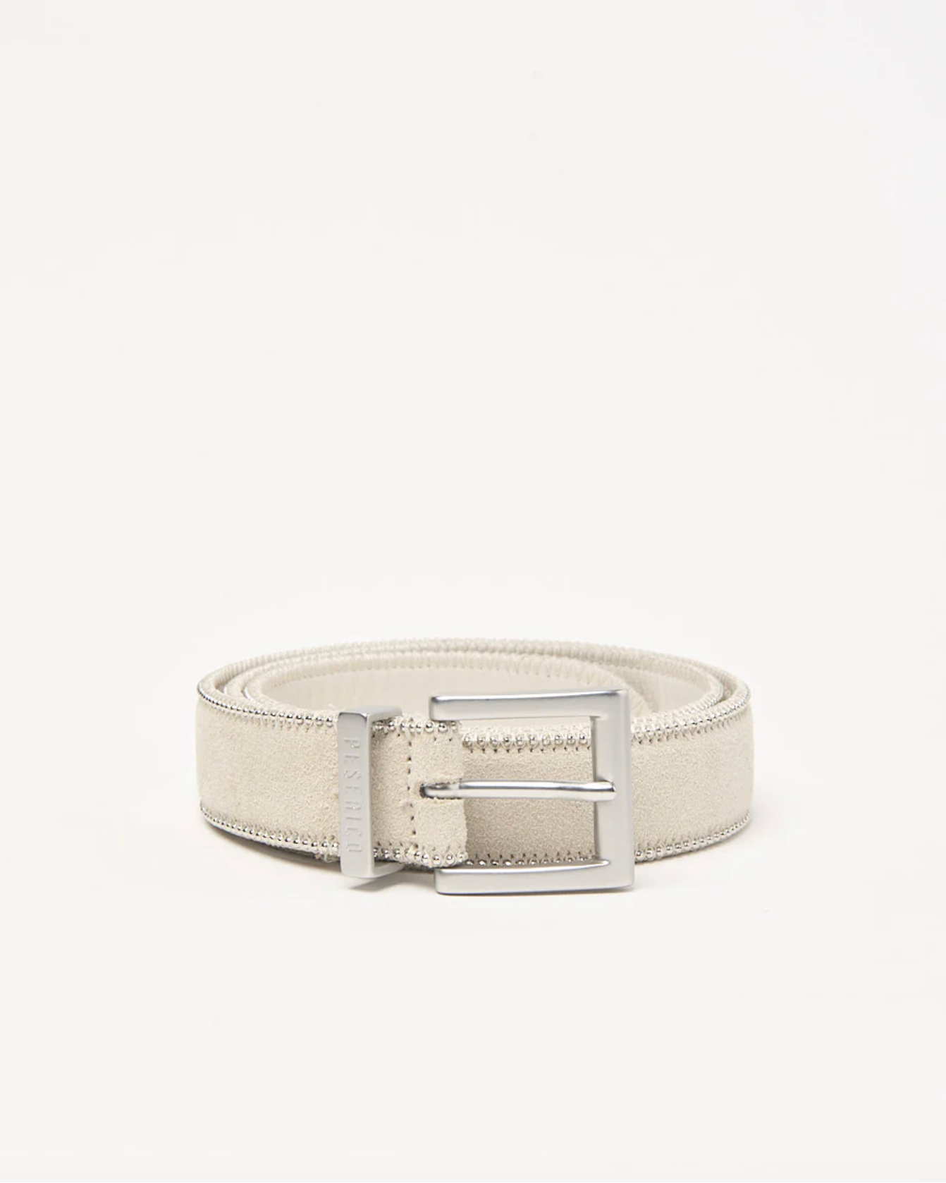 Peserico beige suede leather belt with silver square buckle and ball-chain trim