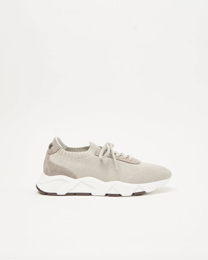 Peserico beige knitted lace-up sneaker with suede trim and chunky white sole