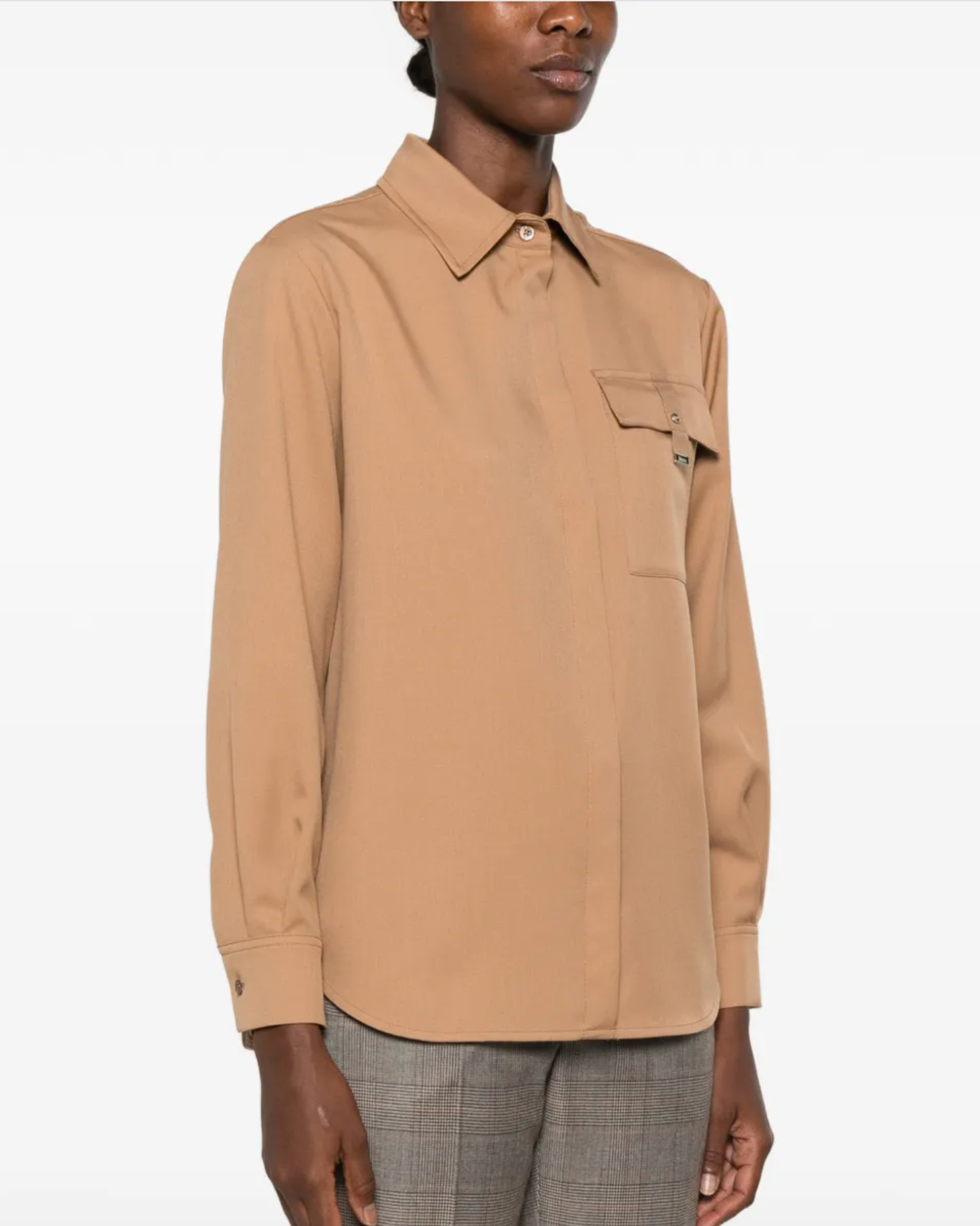 Herno camel fluid woolen long-sleeve shirt with chest flap pocket and collar