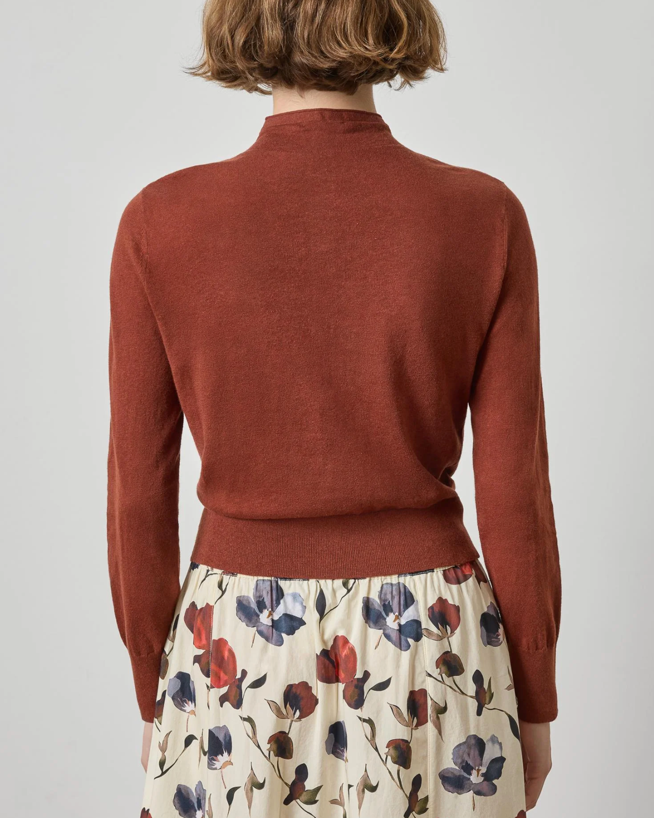 Lilla P rust brown funnel neck cardigan with ribbed hem, back view