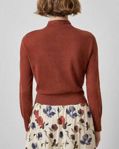 Lilla P rust brown funnel neck cardigan with ribbed hem, back view