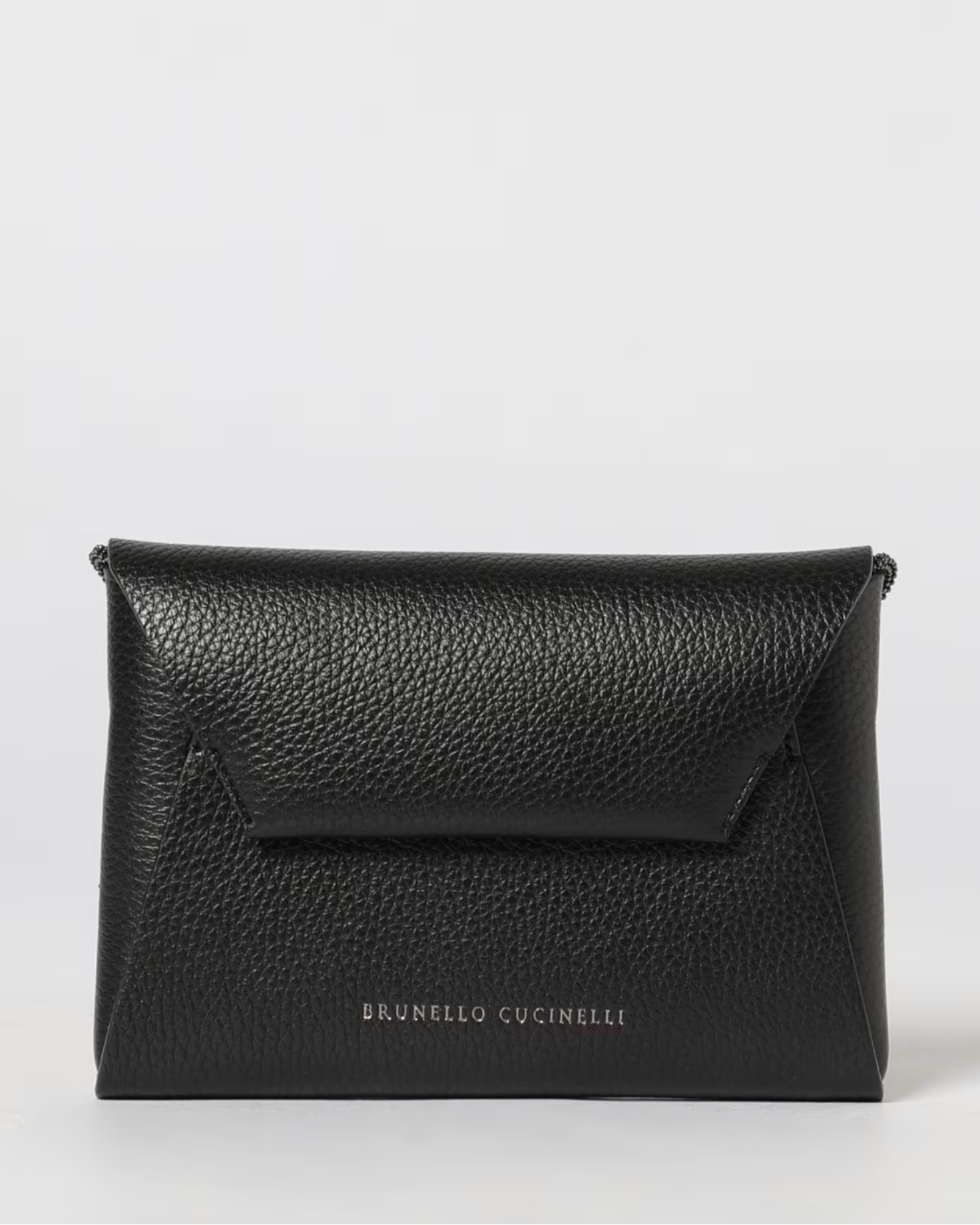 Brunello Cucinelli black pebbled leather envelope clutch bag with flap closure