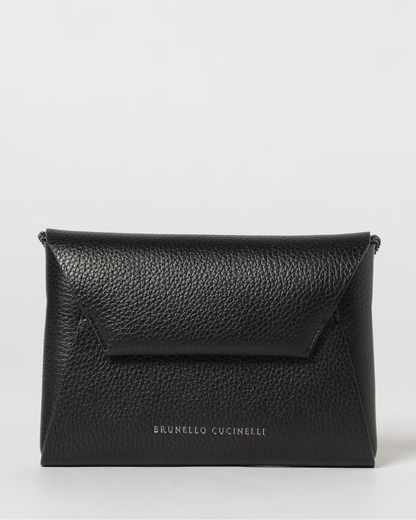 Brunello Cucinelli black pebbled leather envelope clutch bag with flap closure