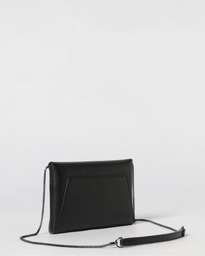 Brunello Cucinelli black pebbled leather envelope clutch with chain and leather crossbody strap