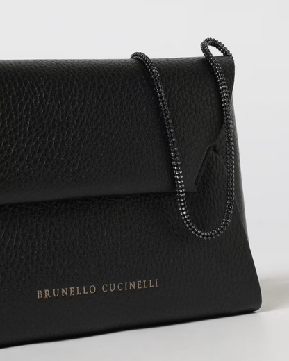 Brunello Cucinelli black pebbled leather envelope clutch with dark beaded chain handle