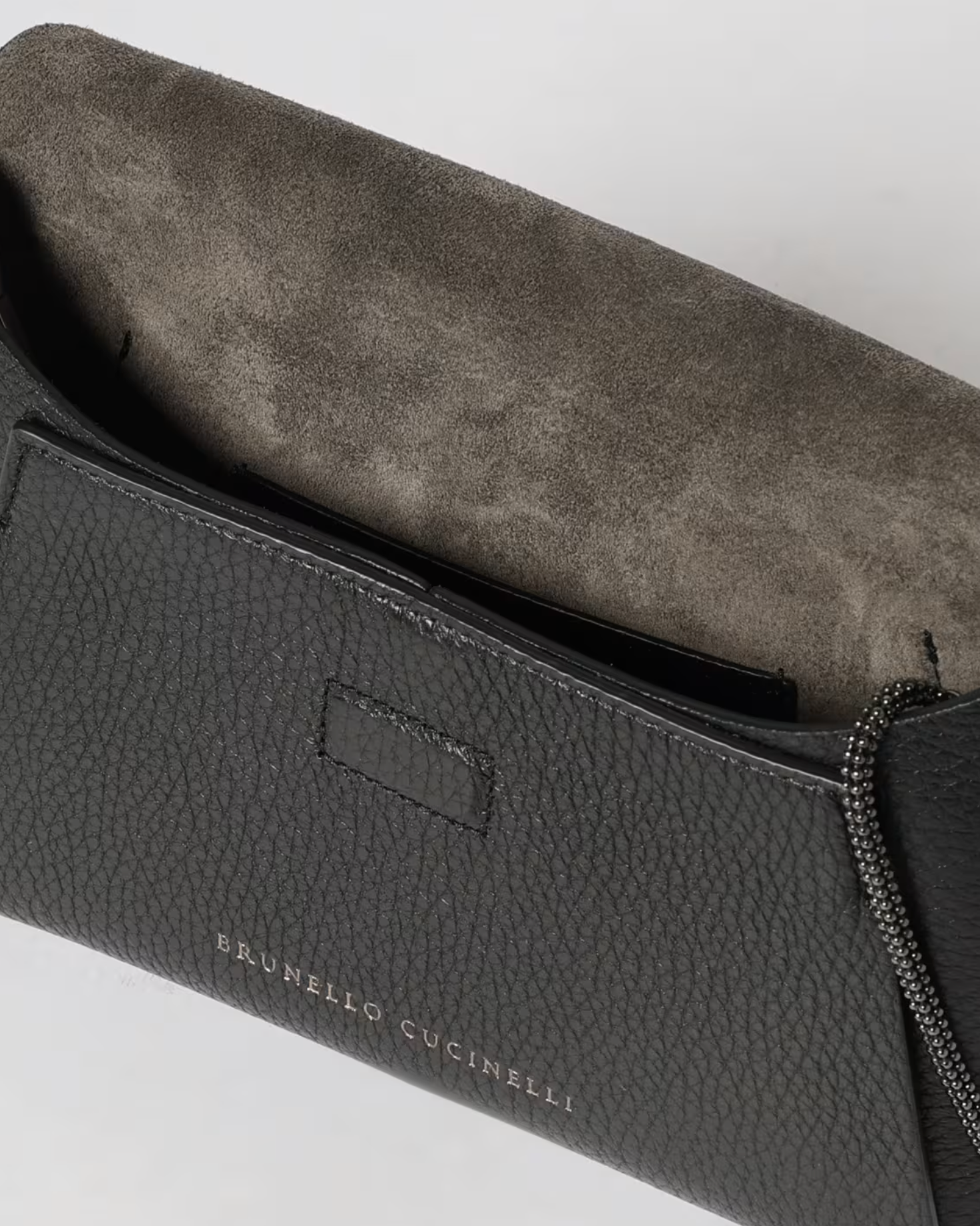 Brunello Cucinelli black pebbled leather envelope clutch with suede interior open view