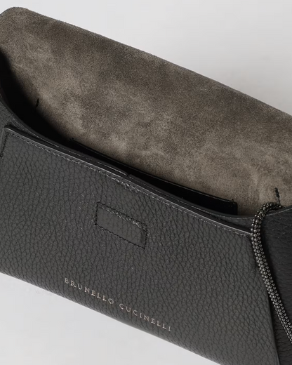 Brunello Cucinelli black pebbled leather envelope clutch with suede interior open view