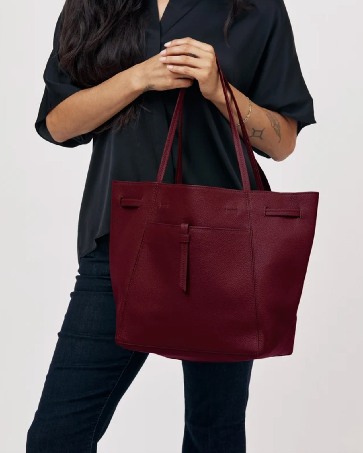 Orsyn Florence Tote in plum pebble grain leather with dual shoulder straps