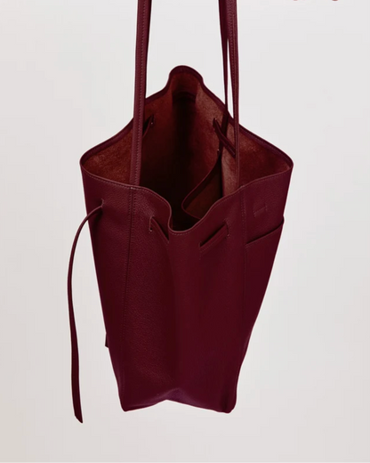 Orsyn Florence Tote in plum pebble grain leather with long shoulder straps