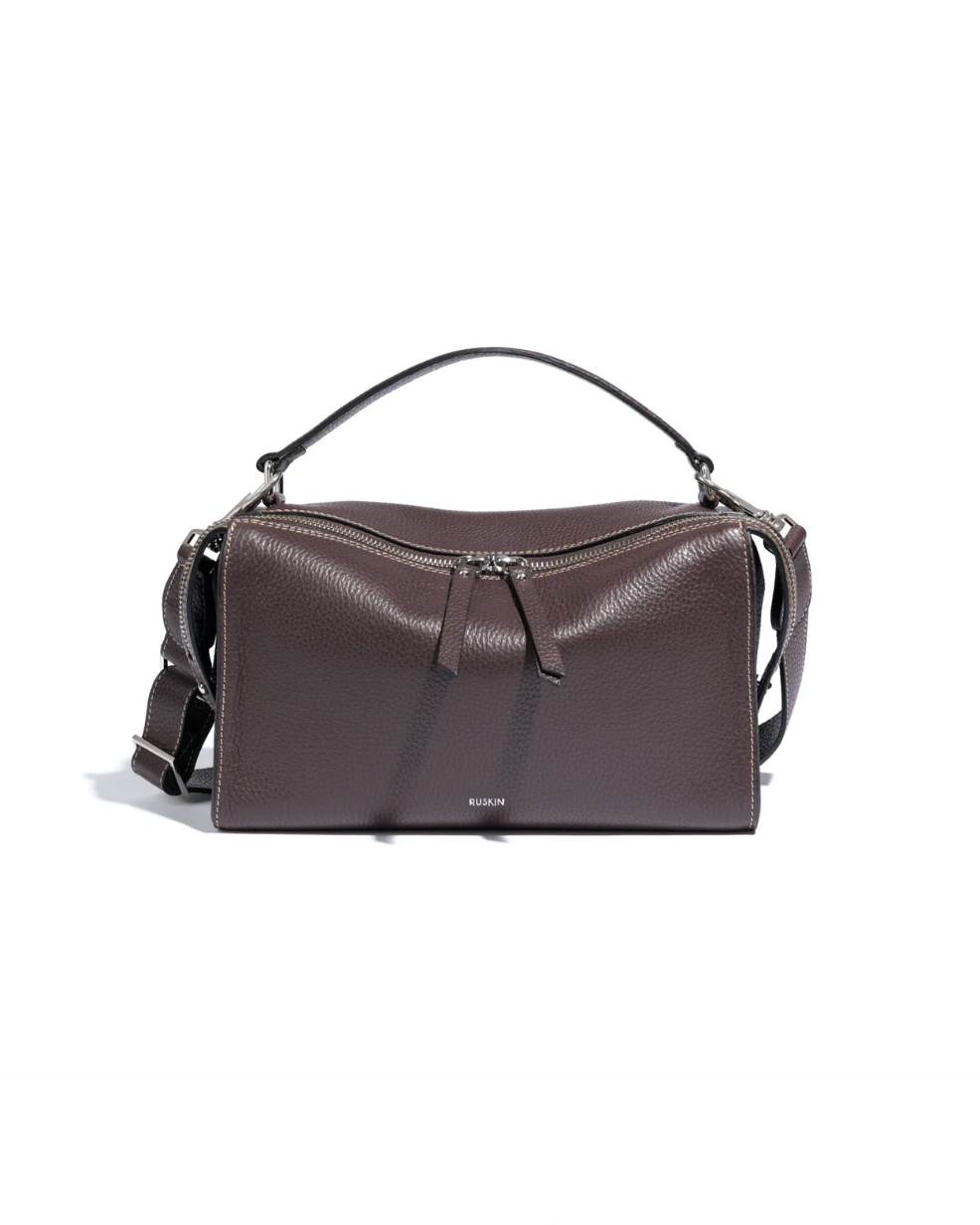 Ruskin England Chester bag in dusty fig pebbled leather with top handle and crossbody strap
