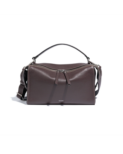 Ruskin England Chester bag in dusty fig pebbled leather with top handle and crossbody strap