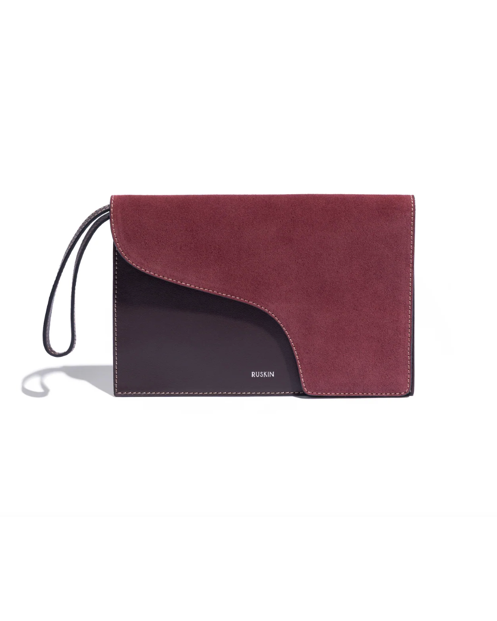 Ruskin Camille Clutch wristlet in dusty fig suede and smooth leather bicolor