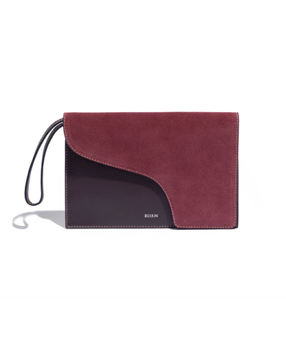 Ruskin Camille Clutch wristlet in dusty fig suede and smooth leather bicolor