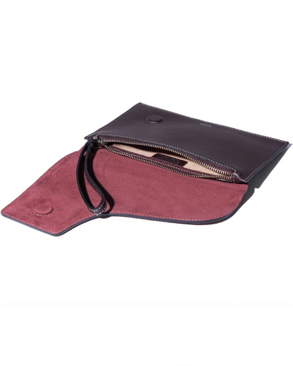 Dusty fig leather clutch with burgundy suede interior, zip pocket, and snap closure