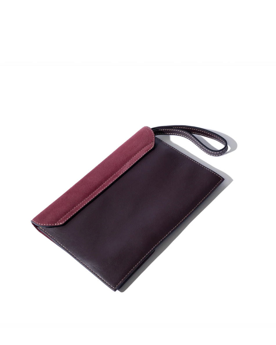 Dusty fig leather and suede envelope clutch wristlet with contrast stitching