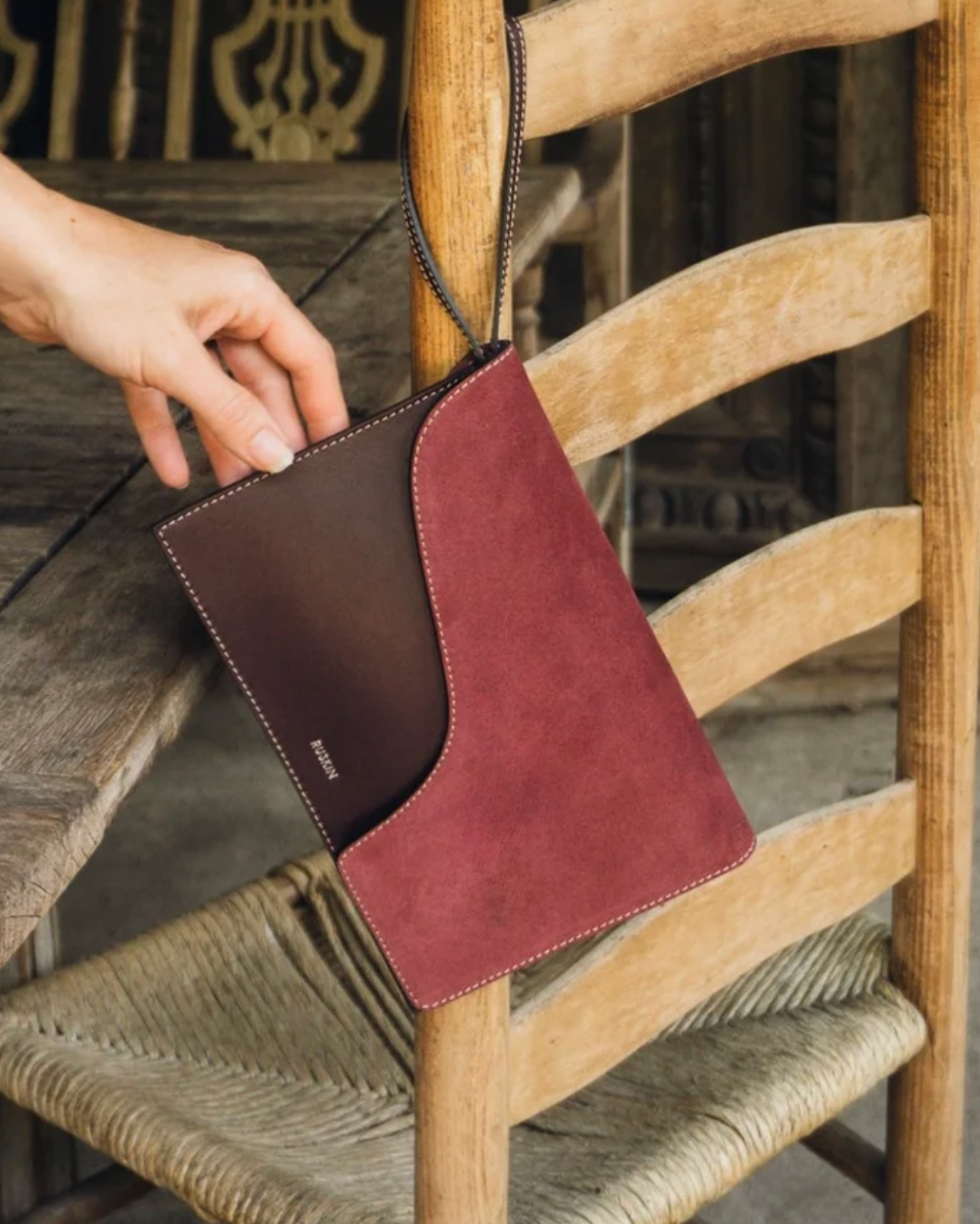 Ruskin England Camille Clutch wristlet in dusty fig leather and suede, bicolor design