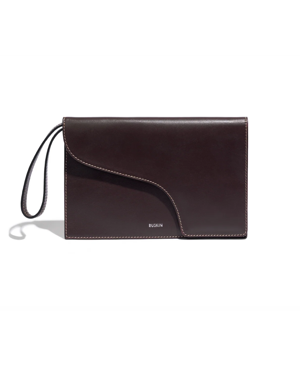Ruskin Camille Clutch in dusty fig dark brown leather with wrist strap