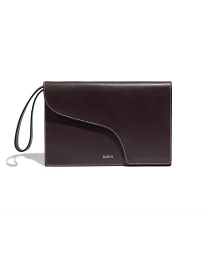 Ruskin Camille Clutch in dusty fig dark brown leather with wrist strap