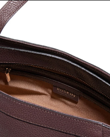 Ruskin Artisan Tote interior in dusty fig leather showing zip pocket and suede lining