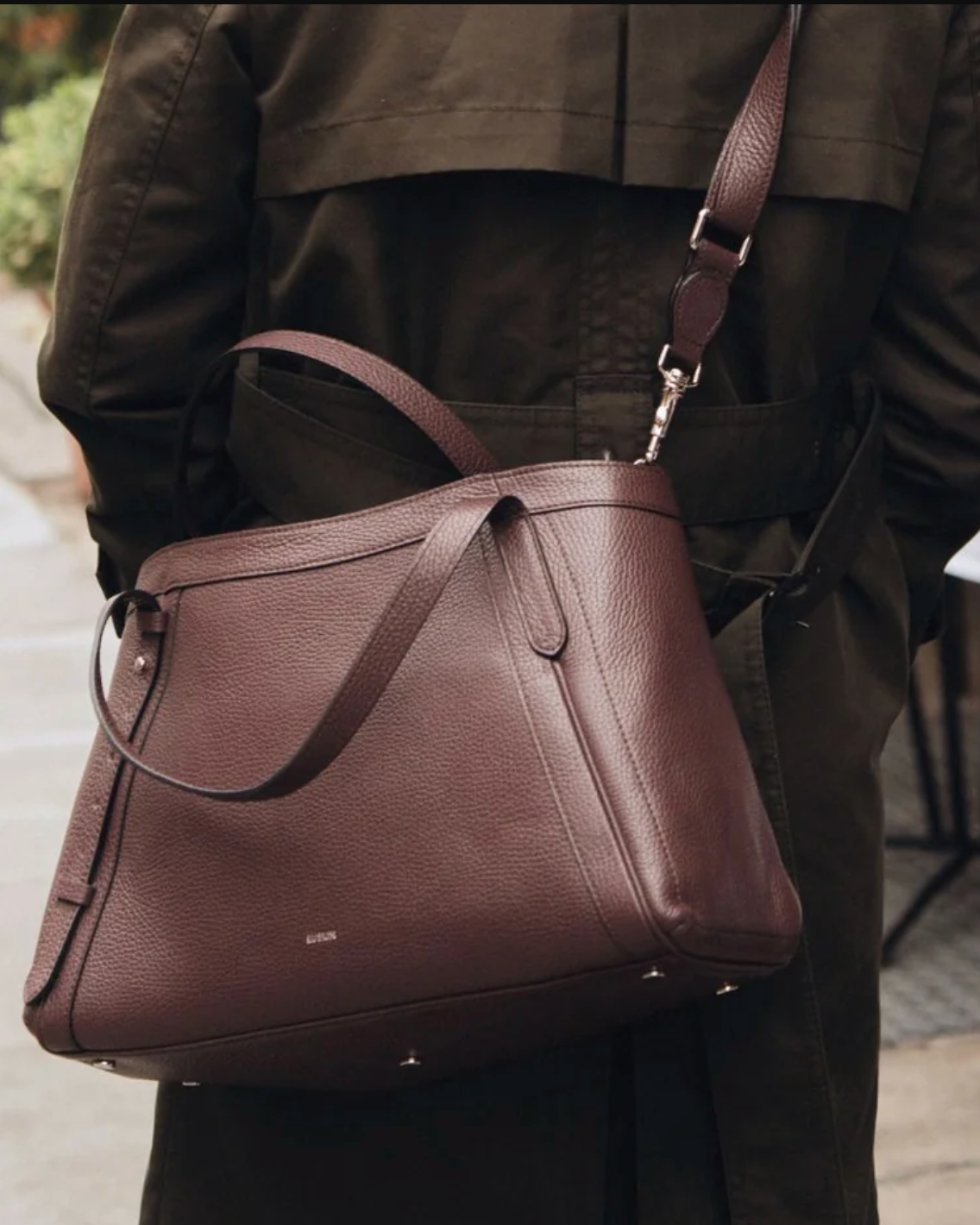Ruskin England Artisan Tote in dusty fig pebbled leather with crossbody strap