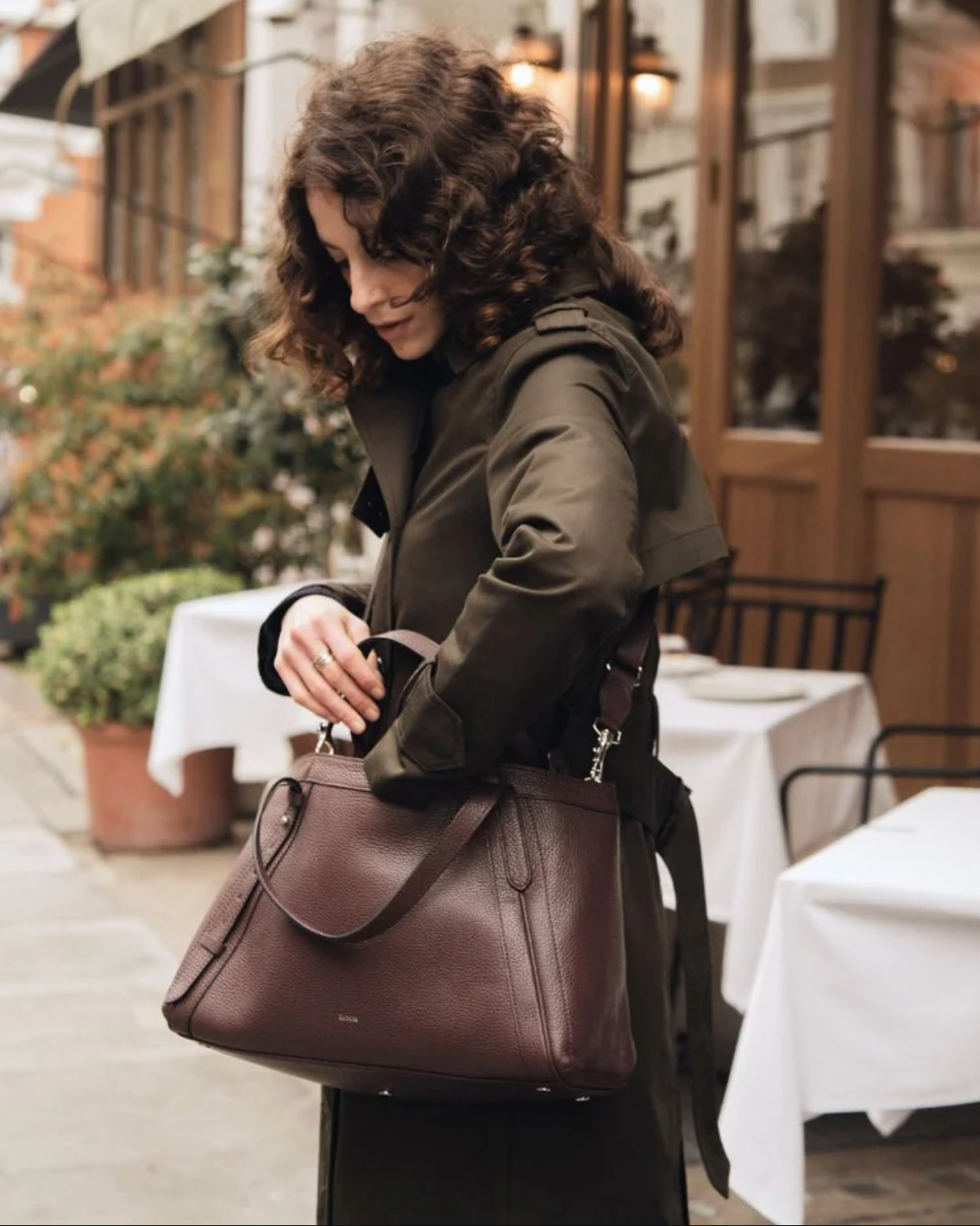 Ruskin England Artisan Tote in Dusty Fig, large burgundy pebbled leather handbag with shoulder strap