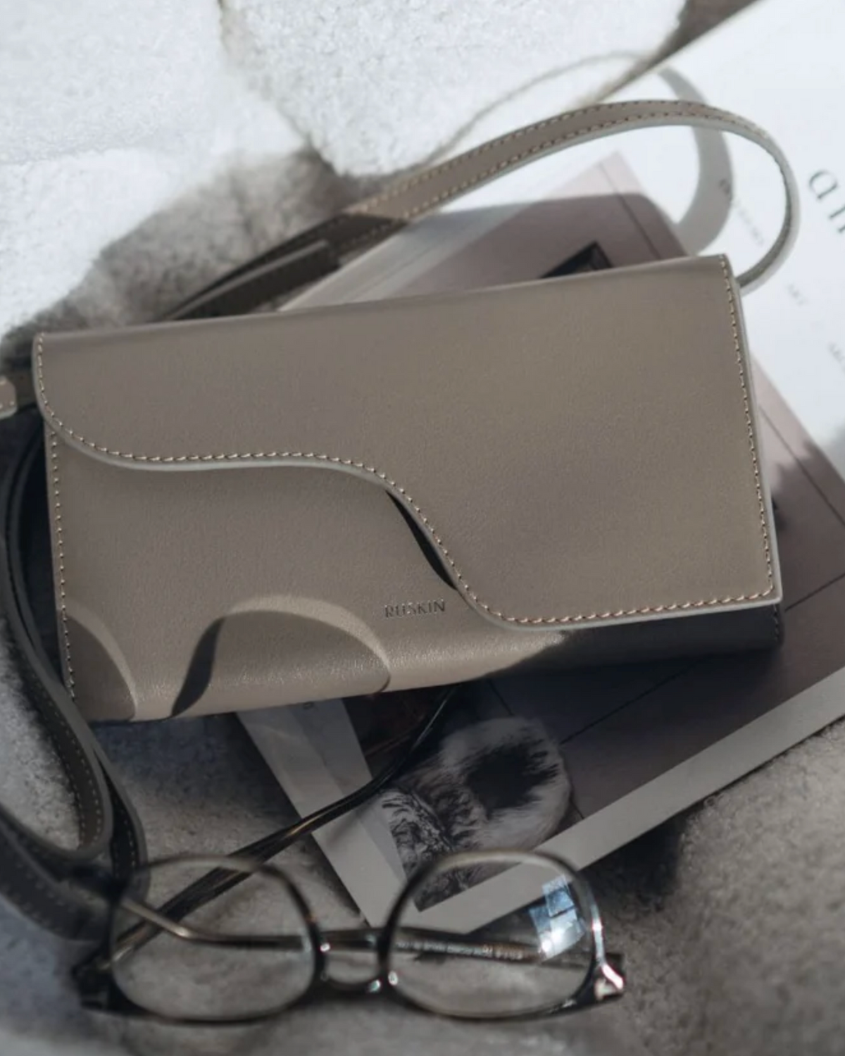 Ruskin England Petite Camille mud leather crossbody bag with scalloped flap detail