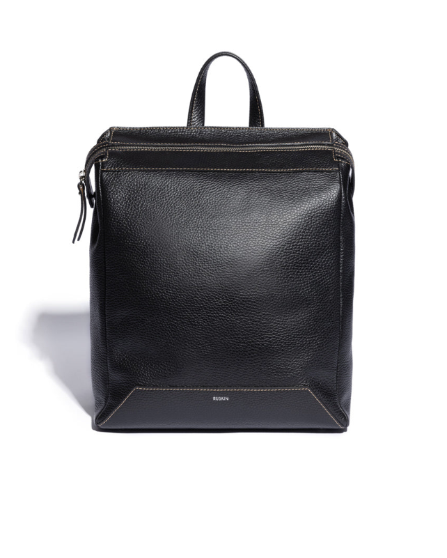 Ruskin England Hopper black pebbled leather backpack with top handle and zip closure