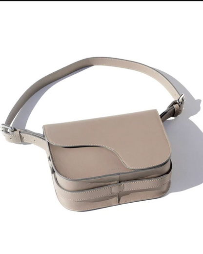 Ruskin England Camille Bag in taupe leather with flap closure and adjustable strap