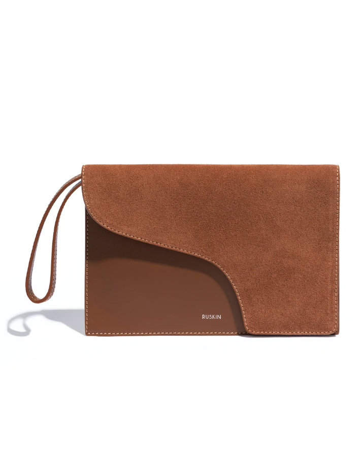 Ruskin Camille Clutch in bracken tan suede and leather with wrist strap