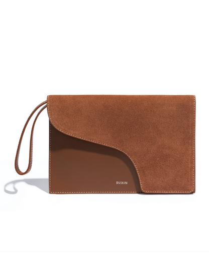 Ruskin Camille Clutch in bracken tan suede and leather with wrist strap