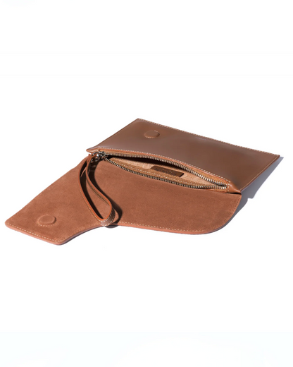 Ruskin England Camille Clutch open, tan leather exterior, suede interior, gold zipper