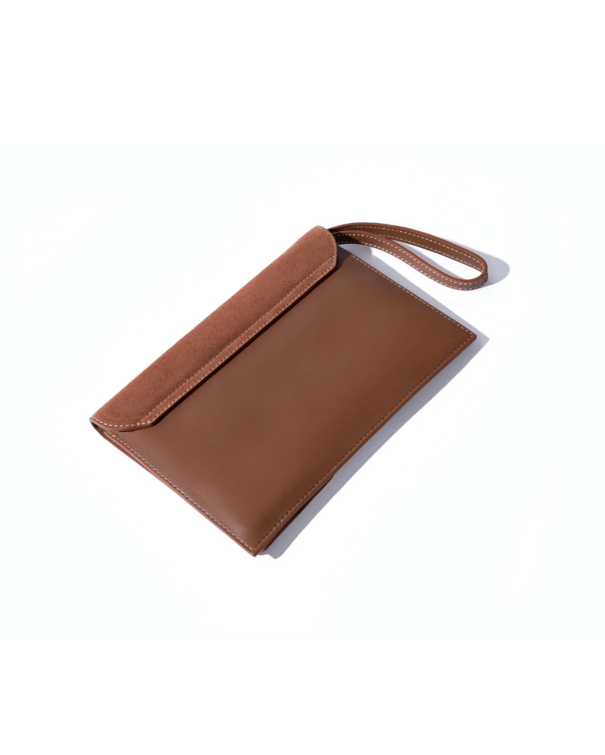 Tan leather and suede envelope clutch wristlet with white contrast stitching