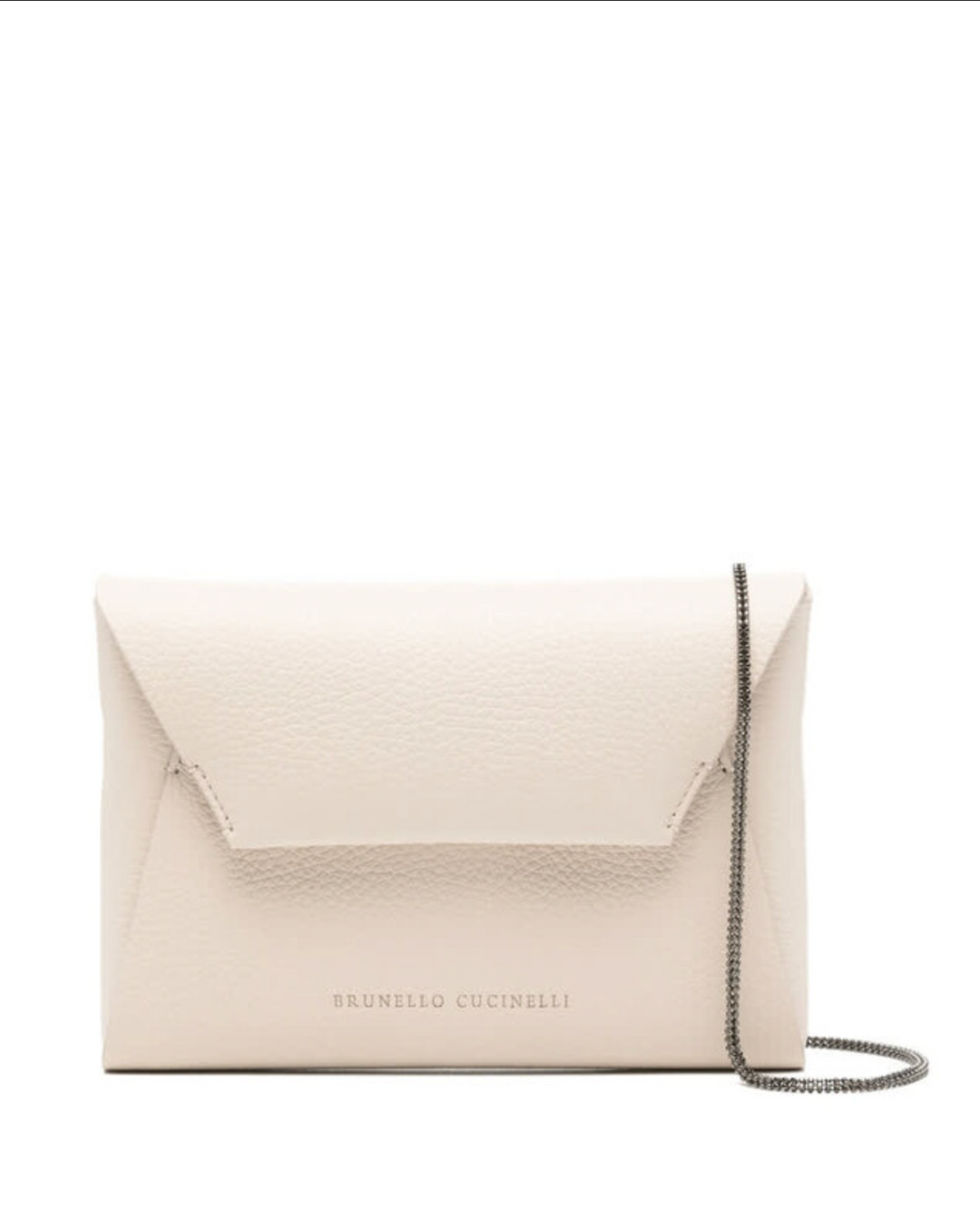 Brunello Cucinelli ivory pebbled leather envelope clutch with silver chain strap