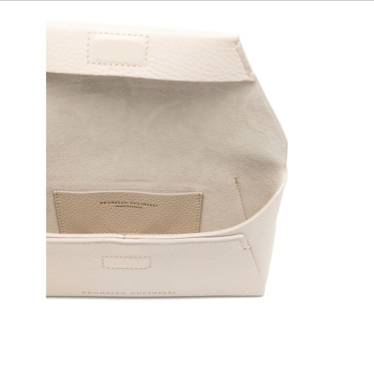 Brunello Cucinelli ivory leather envelope clutch interior showing suede lining and card pocket