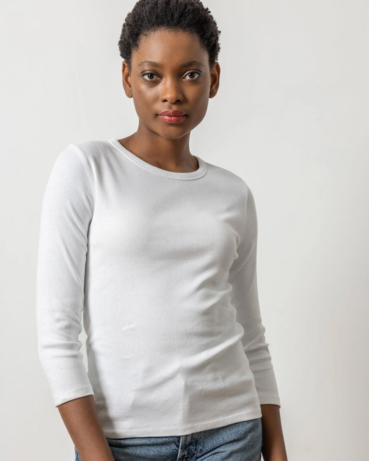 Lilla P white 3/4 sleeve crew neck fitted top on model with jeans