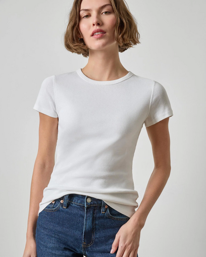 Lilla P white short sleeve crew neck fitted T-shirt with blue jeans