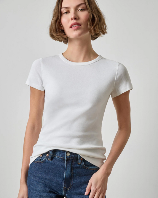 Lilla P white short sleeve crew neck fitted T-shirt with blue jeans