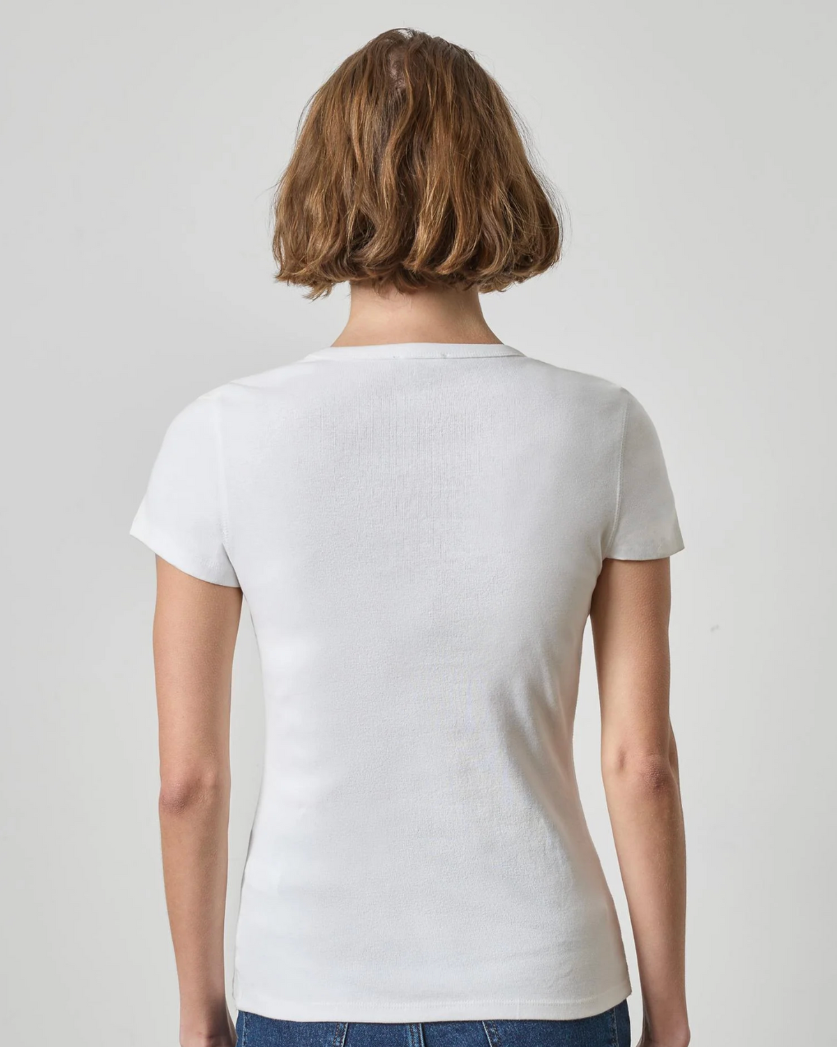 Women's white short sleeve fitted crew neck t-shirt, back view
