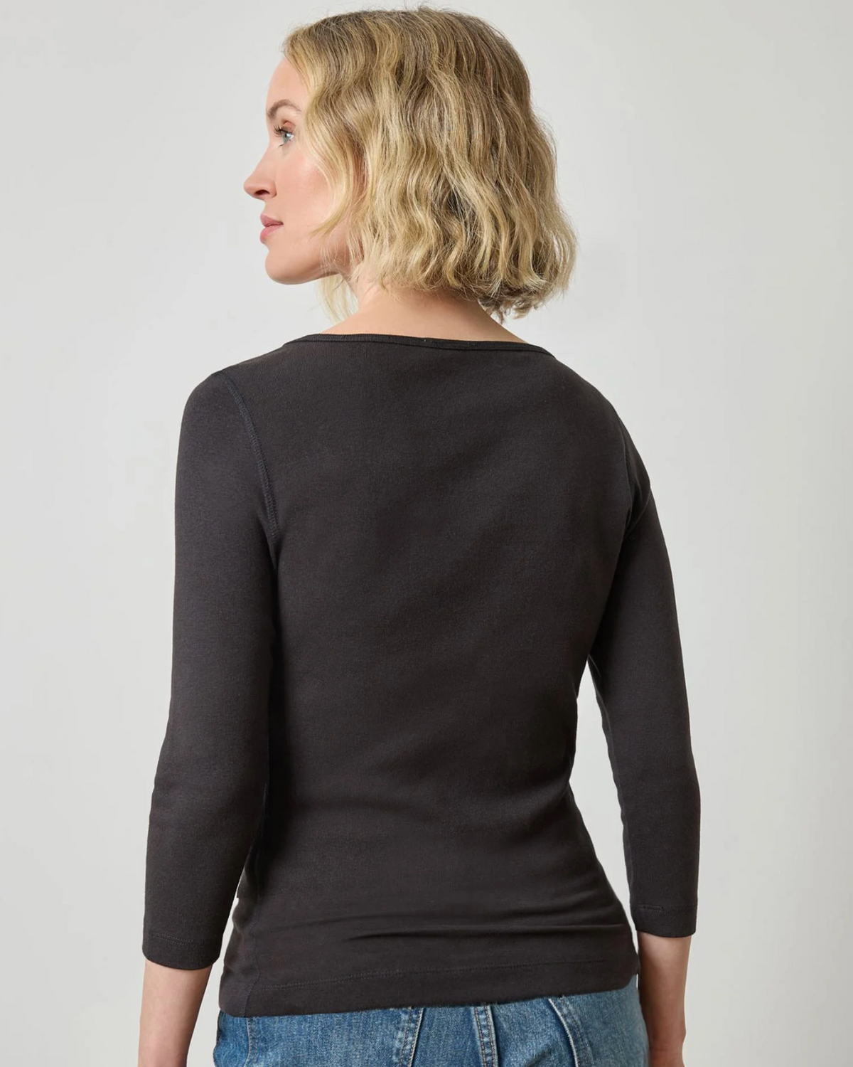 Lilla P black 3/4 sleeve boatneck top, fitted stretch jersey, back view