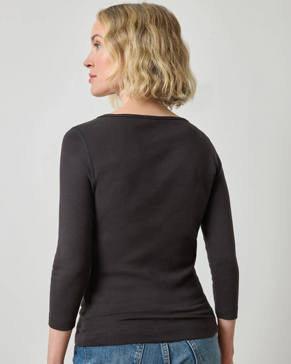 Lilla P black 3/4 sleeve boatneck top, fitted stretch jersey, back view