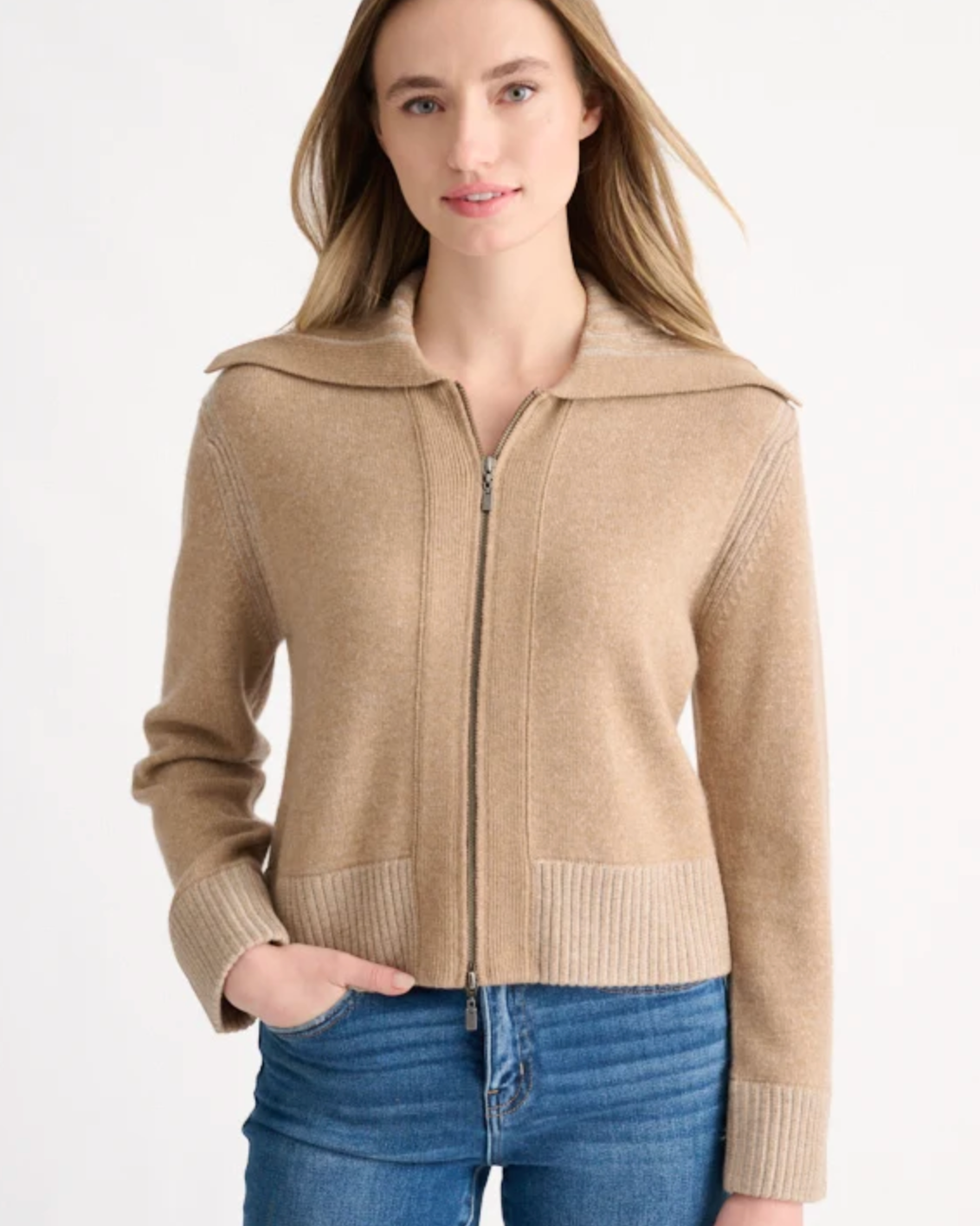 Camel zip-front knit cardigan with wide collar, ribbed cuffs and hem