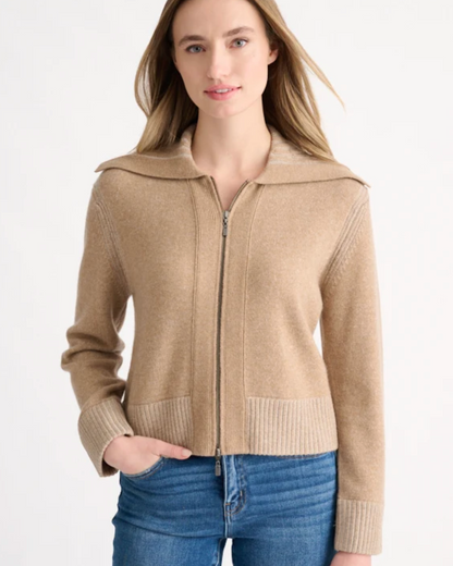 Camel zip-front knit cardigan with wide collar, ribbed cuffs and hem