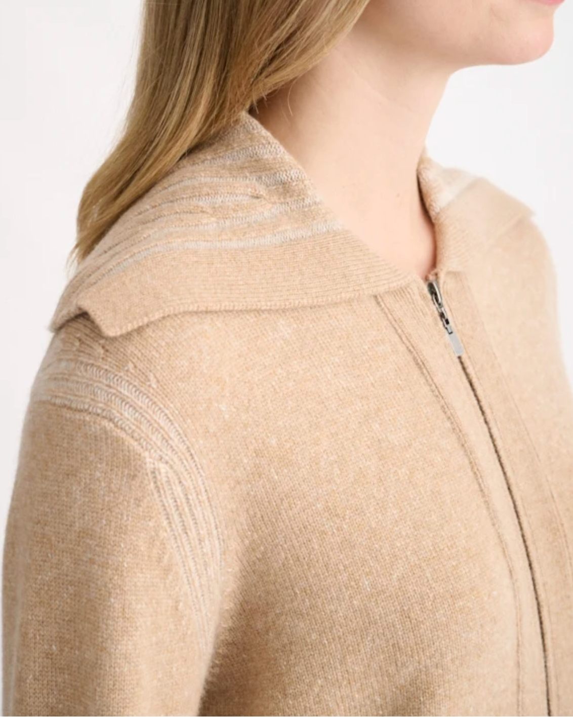 Beige cashmere zip cardigan with ribbed shoulder detail and collar