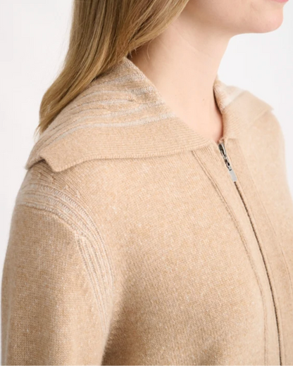 Beige cashmere zip cardigan with ribbed shoulder detail and collar