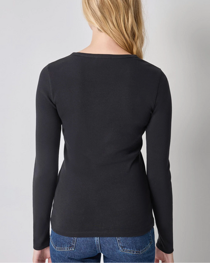 Lilla P black long sleeve fitted crew neck top, back view, paired with jeans