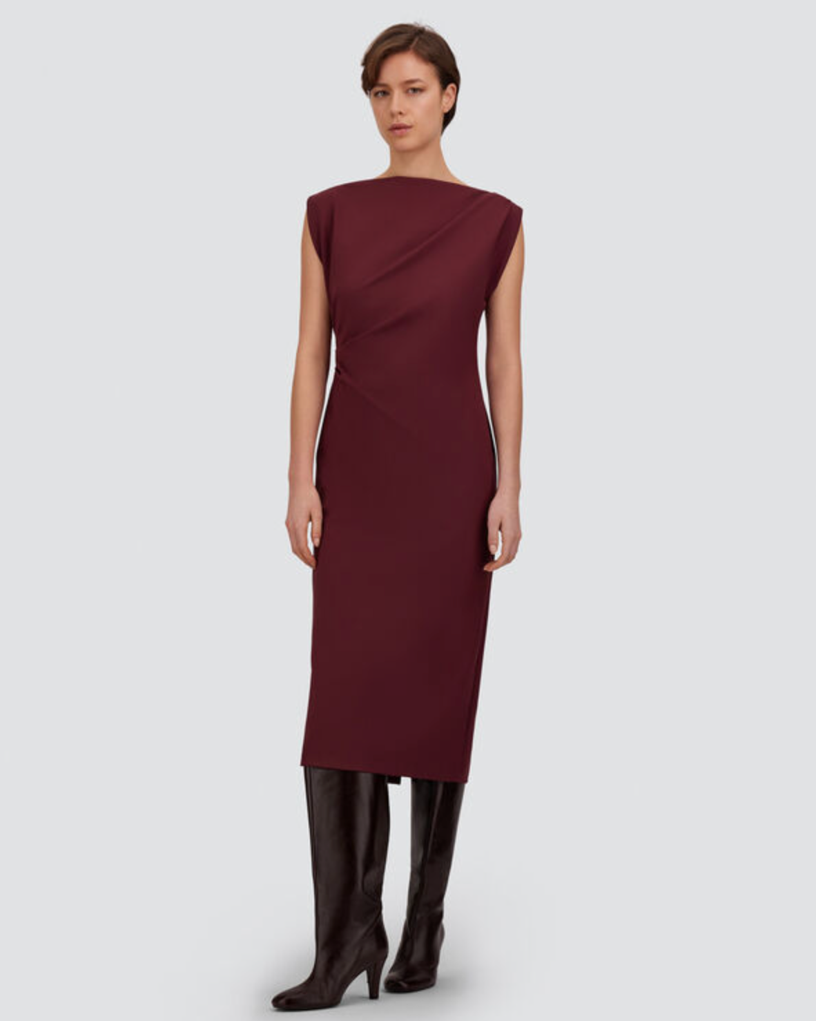 Herno bordeaux sleeveless midi dress with draped neckline and structured shoulders